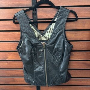 Harley-Davidson Black Leather V-Neck Zip Front Tank Top